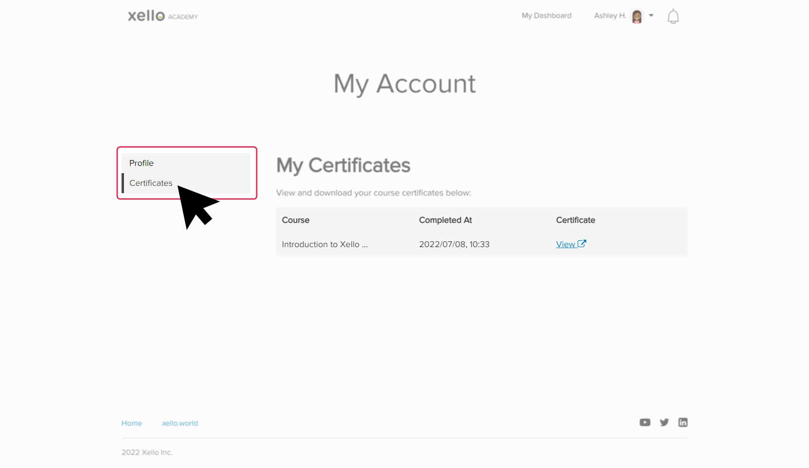 My Account page in Xello Academy. Cursor is selecting Certificates 